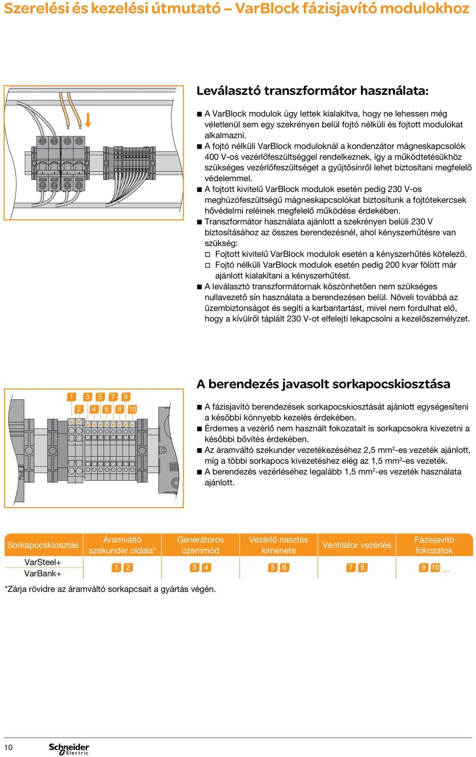 megfelelő védelemmel. bba fojtott kivitelű VarBlock modulok esetén pedig 230 V-os meghúzófeszültségű mágneskapcsolókat biztosítunk a fojtótekercsek hővédelmi reléinek megfelelő működése érdekében.