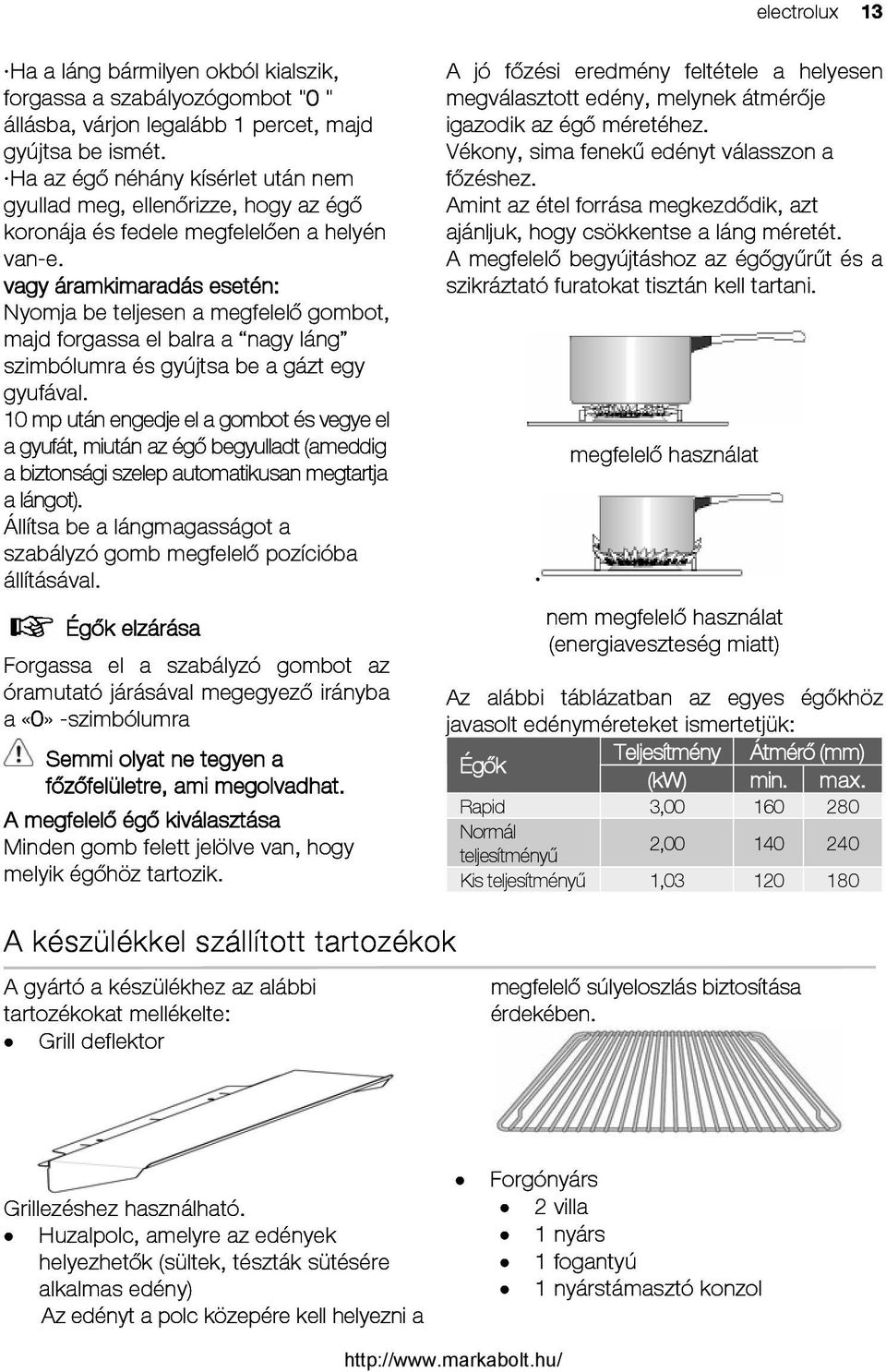 vagy áramkimaradás esetén: Nyomja be teljesen a megfelelő gombot, majd forgassa el balra a nagy láng szimbólumra és gyújtsa be a gázt egy gyufával.