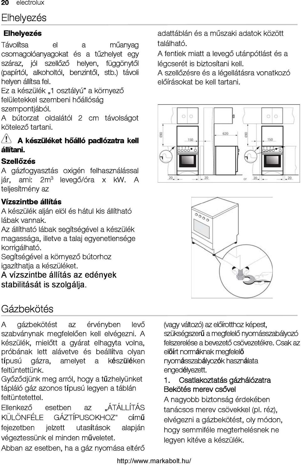 A készüléket hőálló padlózatra kell állítani. 30BSzellőzés A gázfogyasztás oxigén felhasználással jár, ami: 2m 3 levegő/óra x kw.