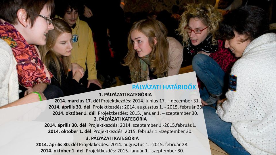 április 30. dél Projektkezdés: 2014. szeptember 1.-2015.február.1. 2014. október 1. dél Projektkezdés: 2015. február 1.-szeptember 30. 3. PÁLYÁZATI KATEGÓRIA 2014.