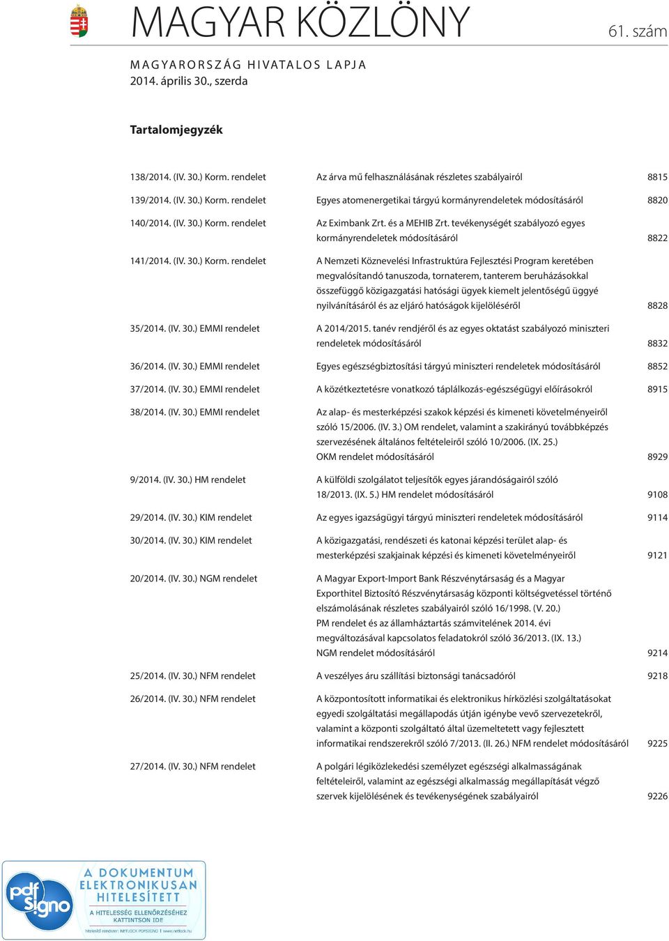 és a MEHIB Zrt. tevékenységét szabályozó egyes kormányrendeletek módosításáról 8822 141/2014. (IV. 30.) Korm.