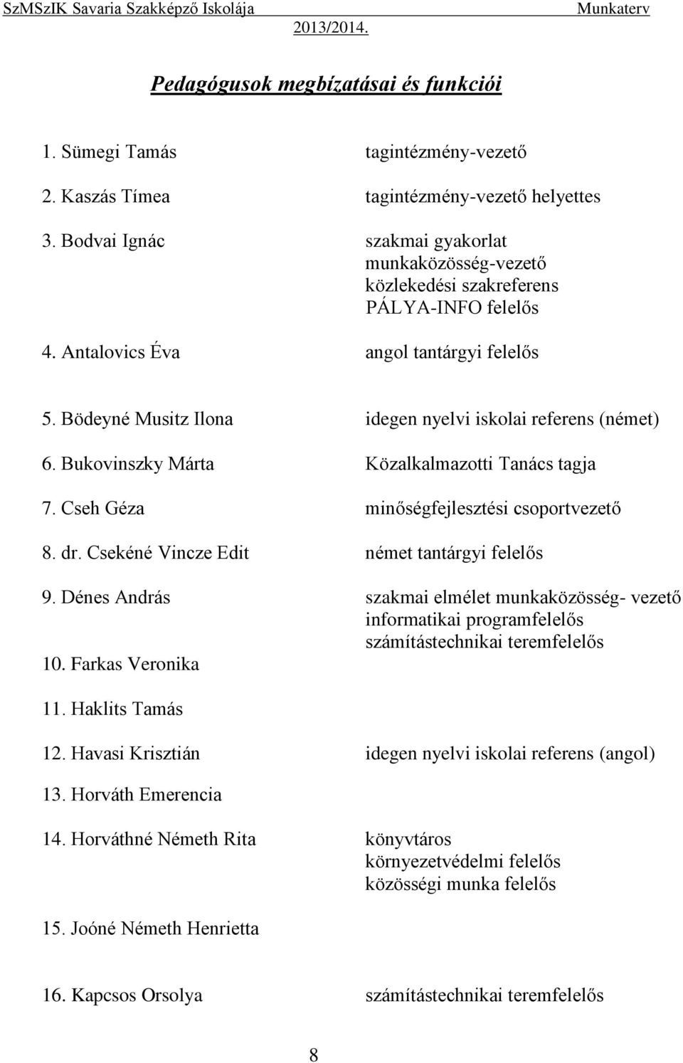 Bödeyné Musitz Ilona idegen nyelvi iskolai referens (német) 6. Bukovinszky Márta Közalkalmazotti Tanács tagja 7. Cseh Géza minőségfejlesztési csoportvezető 8. dr.