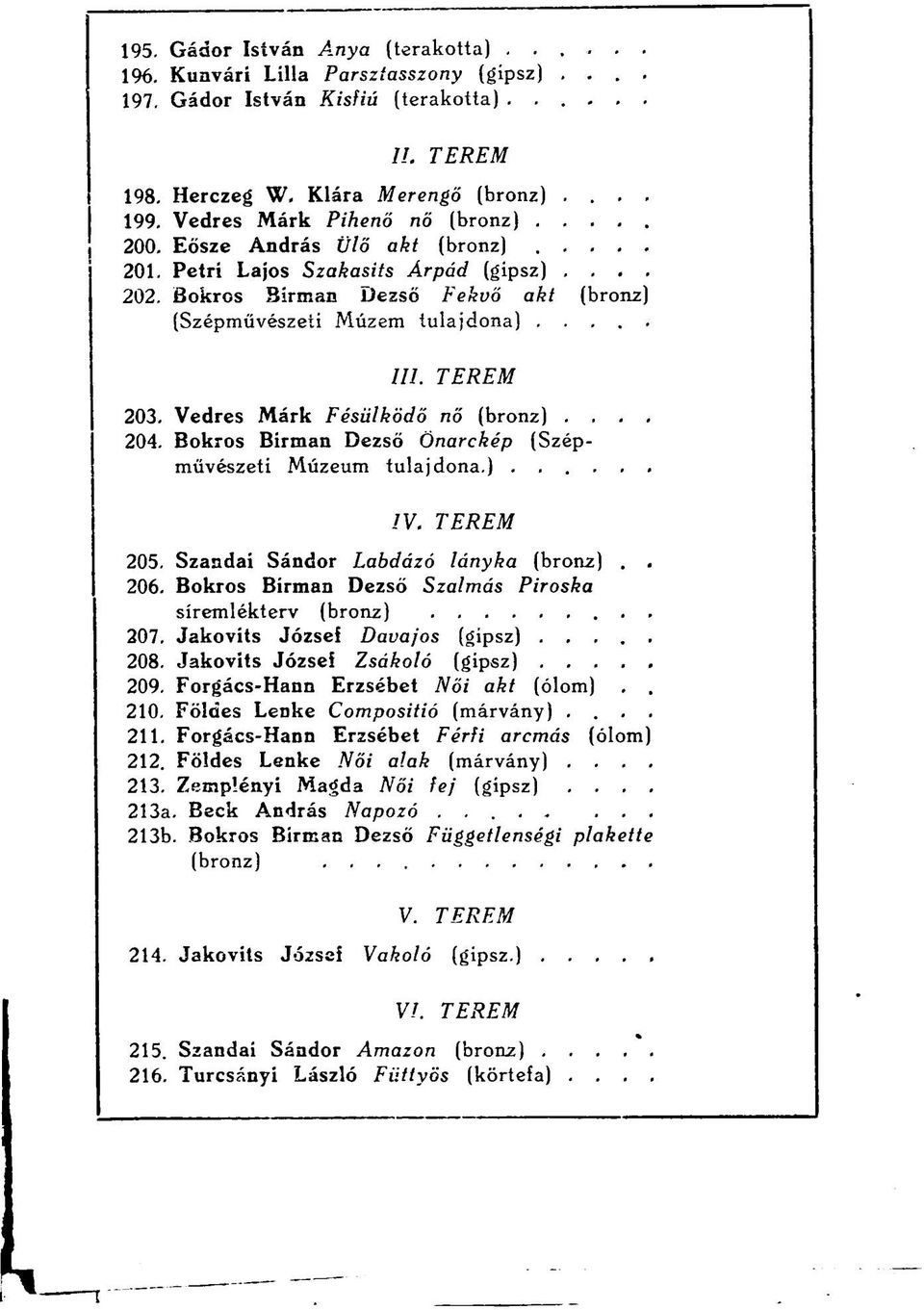 Vedres Márk Fésülködő nő (bronz).... 204. Bokros Birman Dezső Önarckép (Szépművészeti Múzeum tulajdona.)...... IV. 205. Szandai Sándor Labdázó lányka (bronz).. 206.