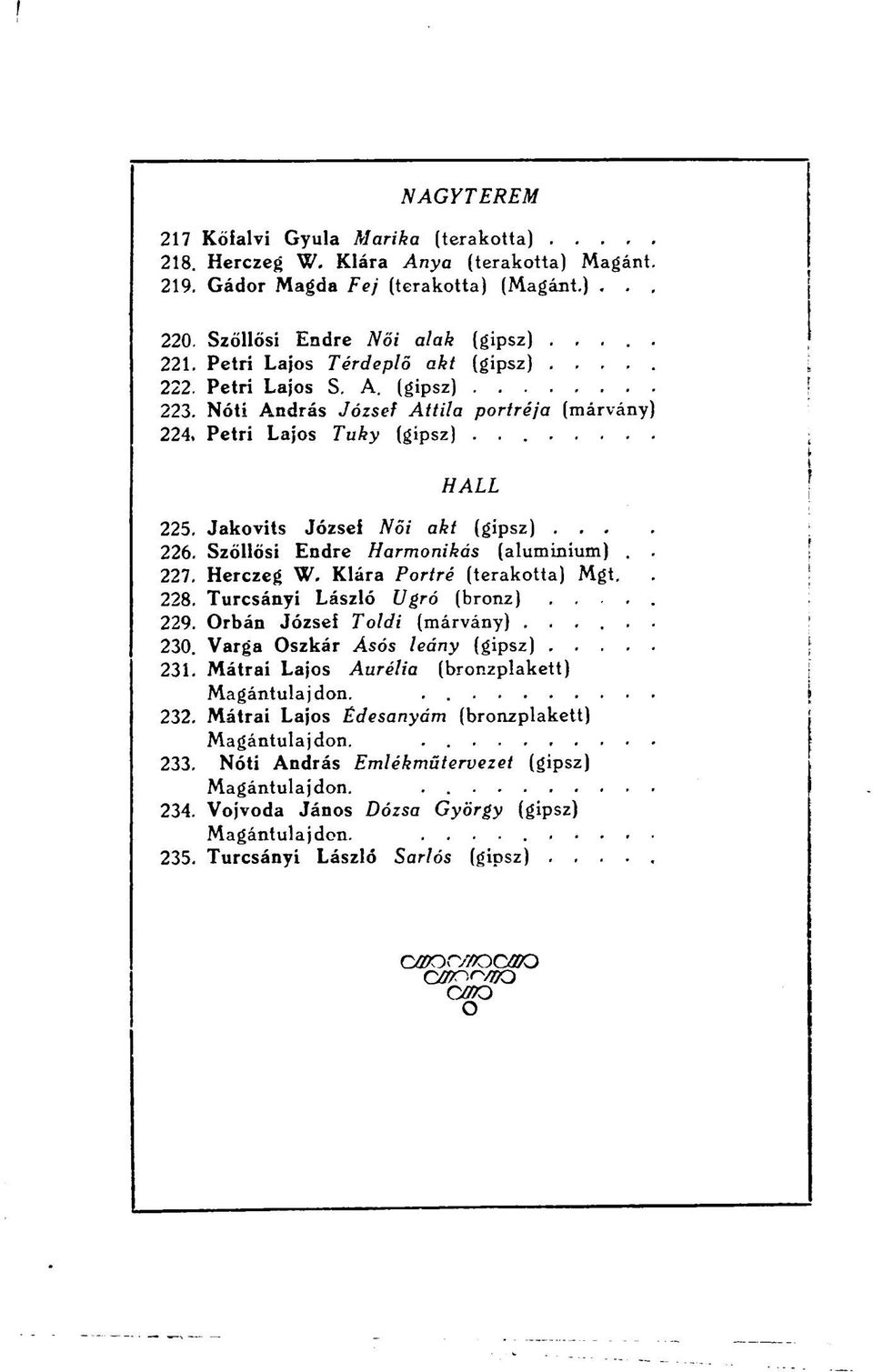 Szőllősi Endre Harmonikás (alumínium).. 227. Herczeg W. Klára Portré (terakotta) Mgt. 228. Turcsányí László Ugró (bronz)..... 229. Orbán József Toldi (márvány)...... 230.