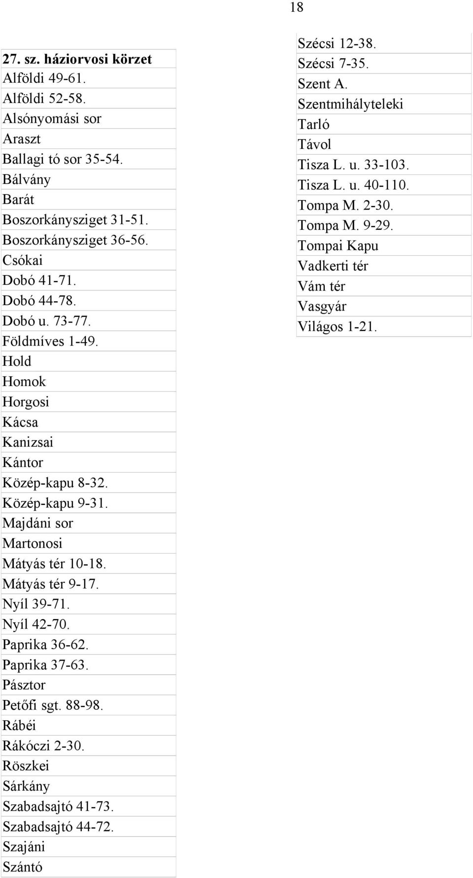 Mátyás tér 9-17. Nyíl 39-71. Nyíl 42-70. Paprika 36-62. Paprika 37-63. Pásztor Petőfi sgt. 88-98. Rábéi Rákóczi 2-30. Röszkei Sárkány Szabadsajtó 41-73. Szabadsajtó 44-72.