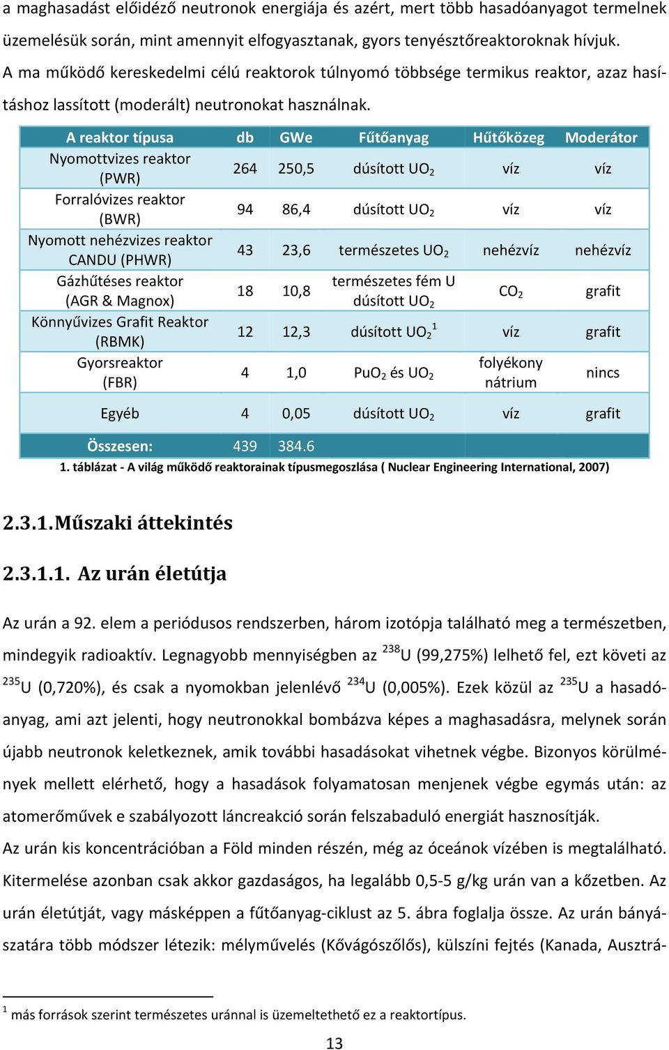 A reaktor típusa db GWe Fűtőanyag Hűtőközeg Moderátor Nyomottvizes reaktor (PWR) 264 250,5 dúsított UO 2 víz víz Forralóvizes reaktor (BWR) 94 86,4 dúsított UO 2 víz víz Nyomott nehézvizes reaktor