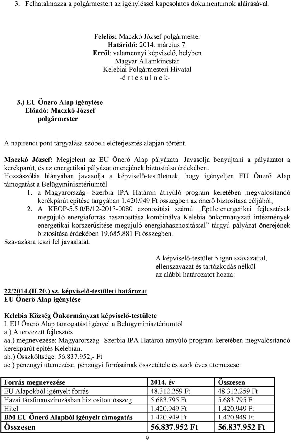 Javasolja benyújtani a pályázatot a kerékpárút, és az energetikai pályázat önerejének biztosítása érdekében.