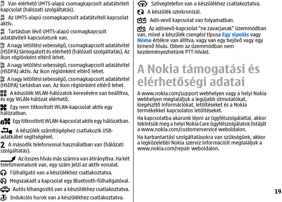 Az ikon régiónként eltérő lehet. A nagy letöltési sebességű, csomagkapcsolt adatátvitel (HSDPA) aktív. Az ikon régiónként eltérő lehet.