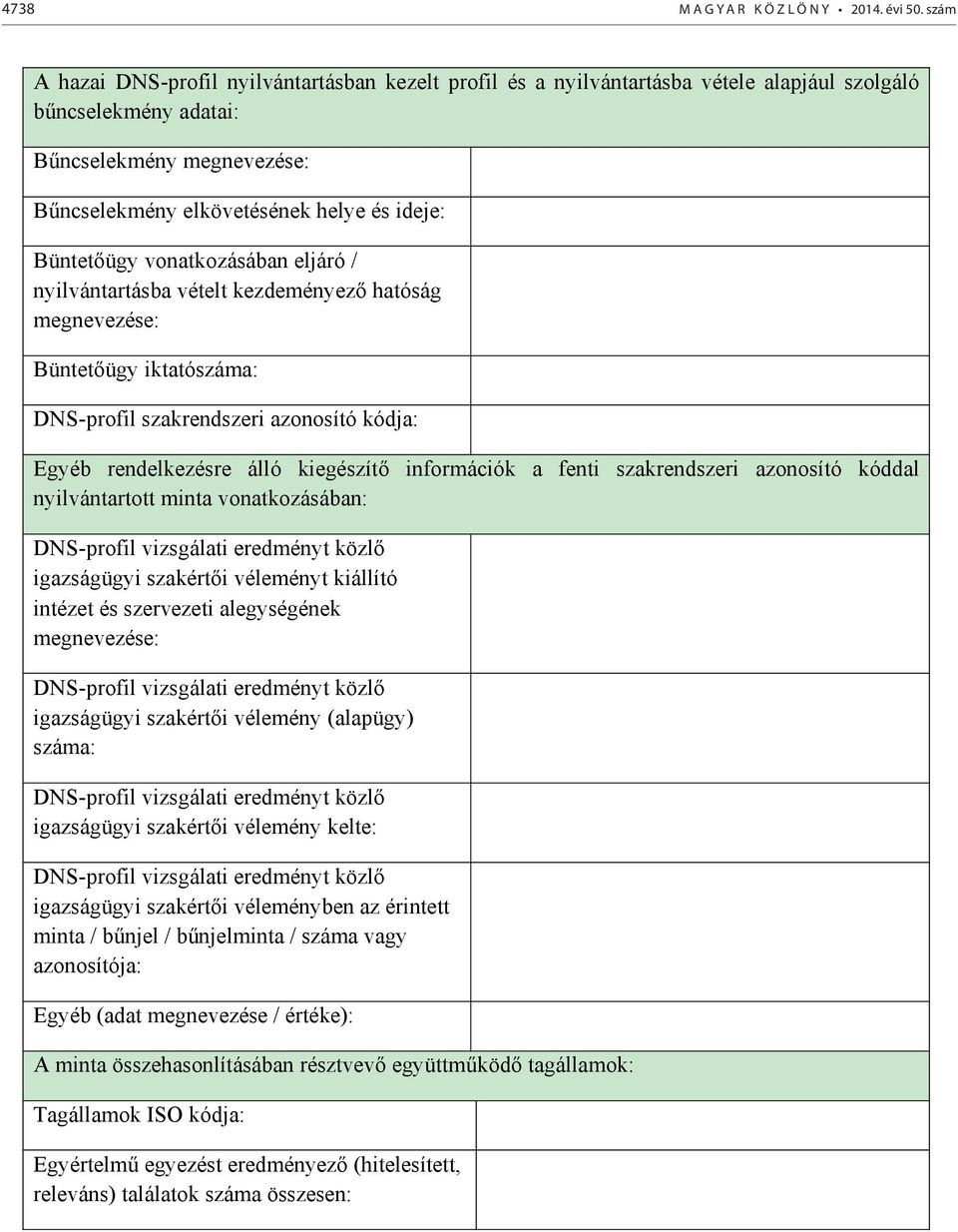 Büntetőügy vonatkozásában eljáró / nyilvántartásba vételt kezdeményező hatóság megnevezése: Büntetőügy iktatószáma: DNS-profil szakrendszeri azonosító kódja: Egyéb rendelkezésre álló kiegészítő