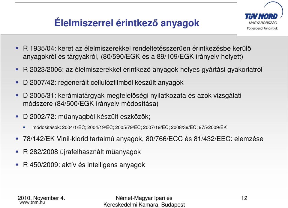 megfelelıségi nyilatkozata és azok vizsgálati módszere (84/500/EGK irányelv módosítása) D 2002/72: mőanyagból készült eszközök; módosítások: 2004/1/EC; 2004/19/EC; 2005/79/EC;