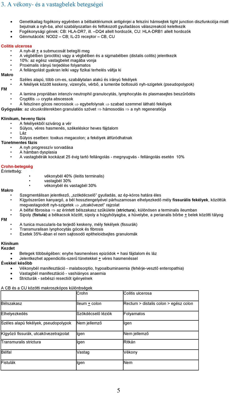 DQ4 allelt hordozók, CU: HLA-DRB1 allelt hordozók Génmutációk: NOD2 CB; IL-23 receptor CB, CU Colitis ulcerosa A nyh-át + a submucosát betegíti meg A végbélben (proctitis) vagy a végbélben és a