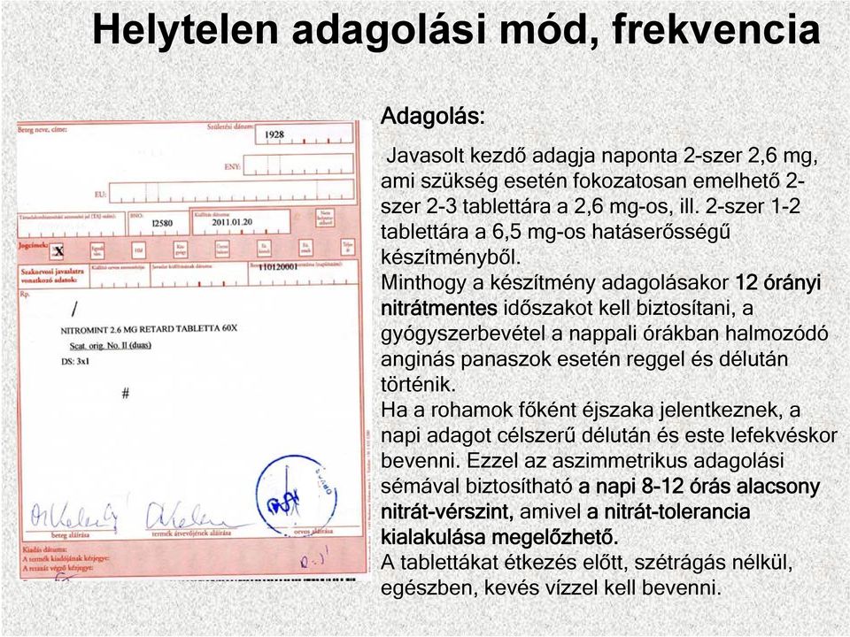 Minthogy a készítmény adagolásakor 12 órányi nitrátmentes időszakot kell biztosítani, a gyógyszerbevétel a nappali órákban halmozódó anginás panaszok esetén reggel és délután történik.