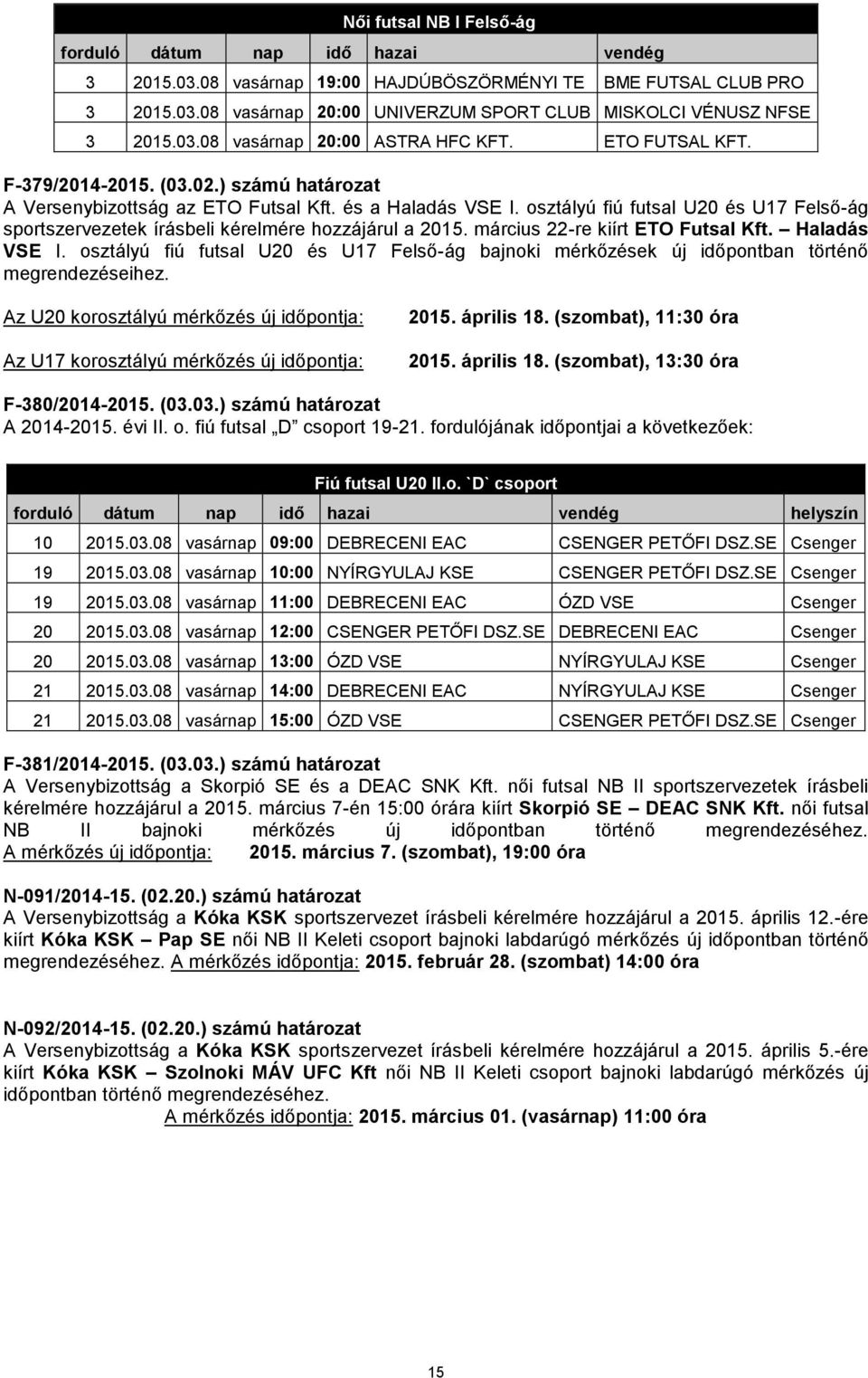 osztályú fiú futsal U20 és U17 Felső-ág sportszervezetek írásbeli kérelmére hozzájárul a 2015. március 22-re kiírt ETO Futsal Kft. Haladás VSE I.
