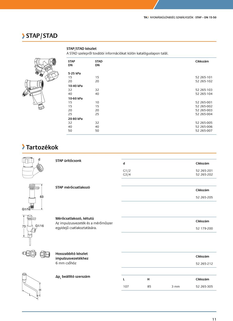 25 52 265-004 20-80 kpa 32 32 52 265-005 40 40 52 265-006 50 50 52 265-007 Tartozékok ürítőcsonk d G1/2 52 265-201 G3/4 52 265-202 mérőcsatlakozó 52