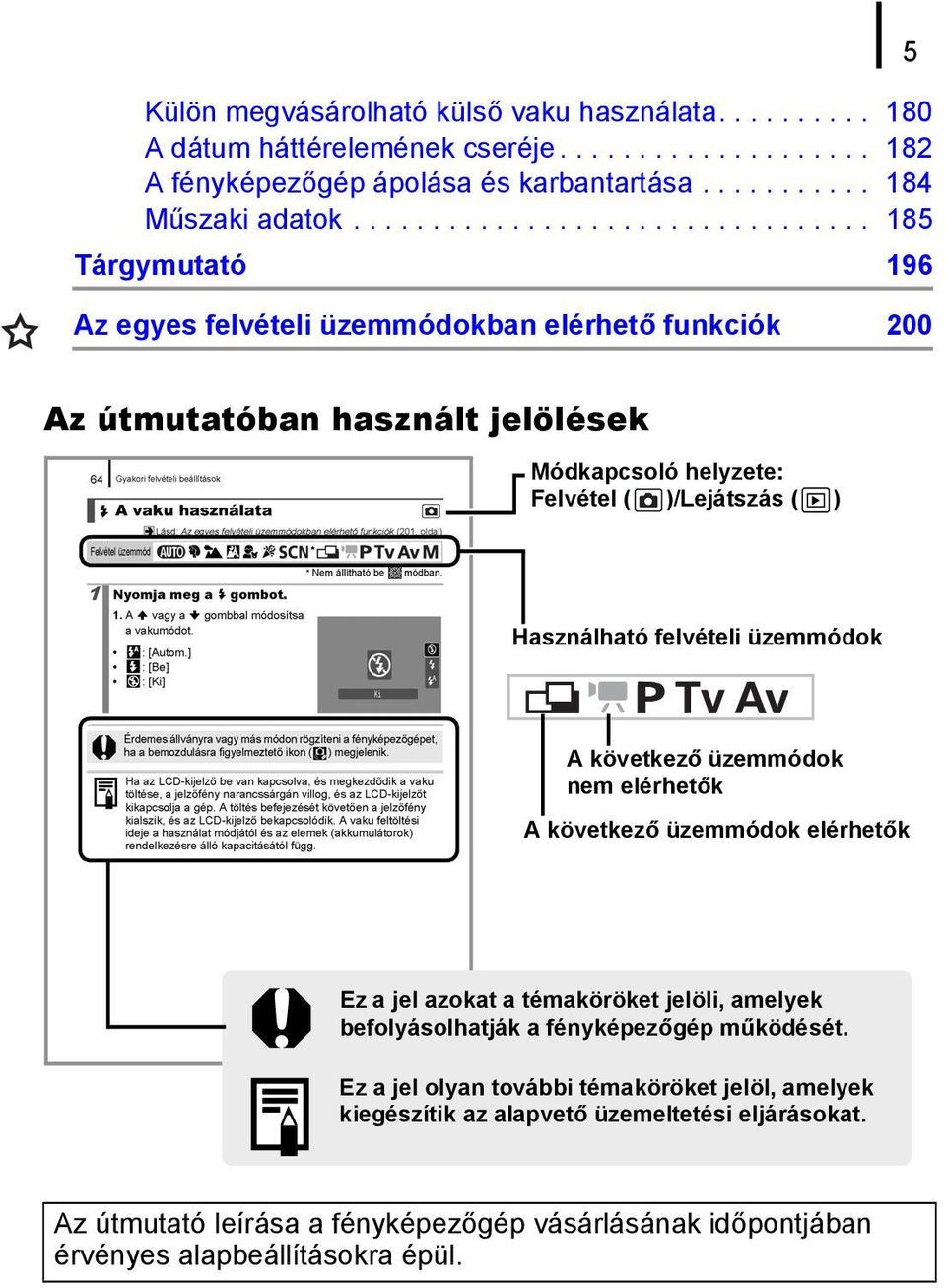 ) Használható felvételi üzemmódok A következő üzemmódok nem elérhetők A következő üzemmódok elérhetők Ez a jel azokat a témaköröket jelöli, amelyek befolyásolhatják a fényképezőgép