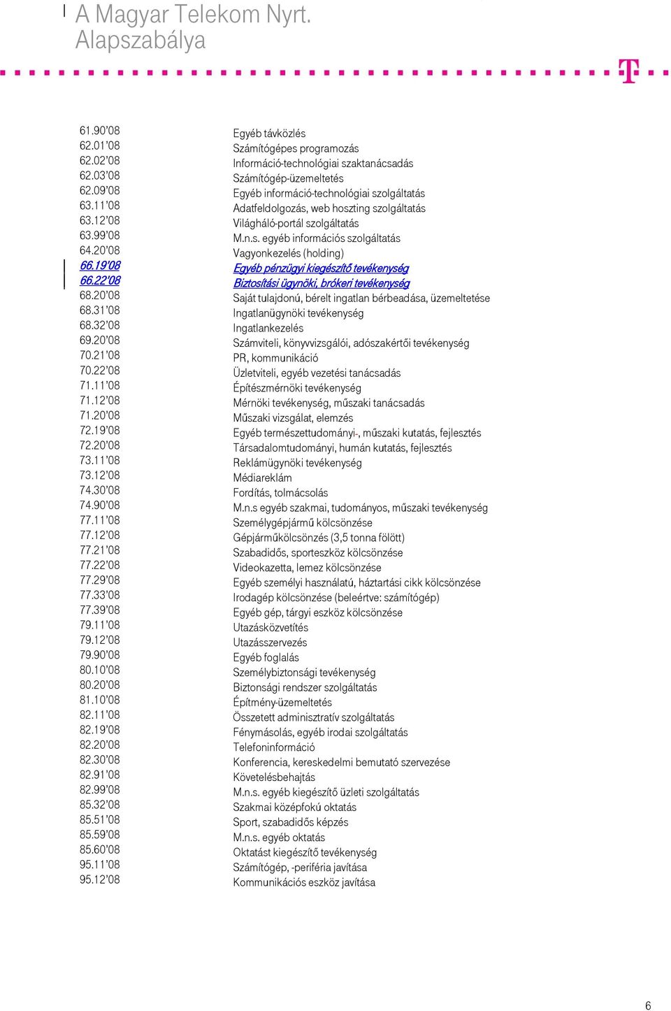 19 08 Egyéb pénzügyi kiegészítő tevékenység 66.22 08 Biztosítási ügynöki, brókeri tevékenység 68.20 08 Saját tulajdonú, bérelt ingatlan bérbeadása, üzemeltetése 68.