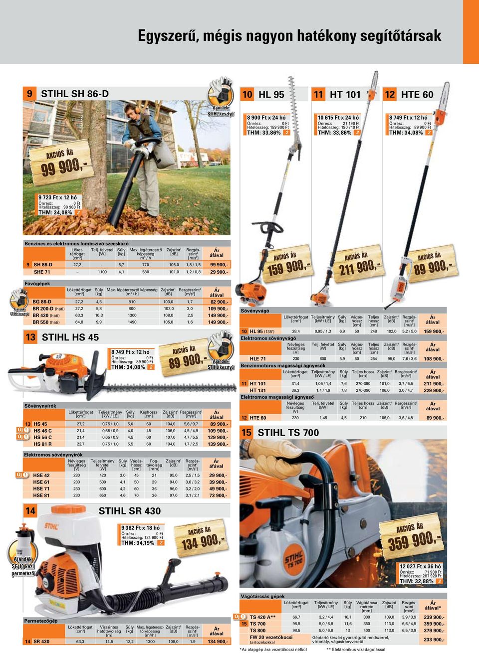 900,- BR 430 (háti) 63,3 0,3 300 08,0,5 49 900,- BR 550 (háti) 64,8 9,9 490 05,0,6 49 900,- stihl HS 45 Telj. felvétel [W] Max. légáteresztô képesség m 3 / h Max.