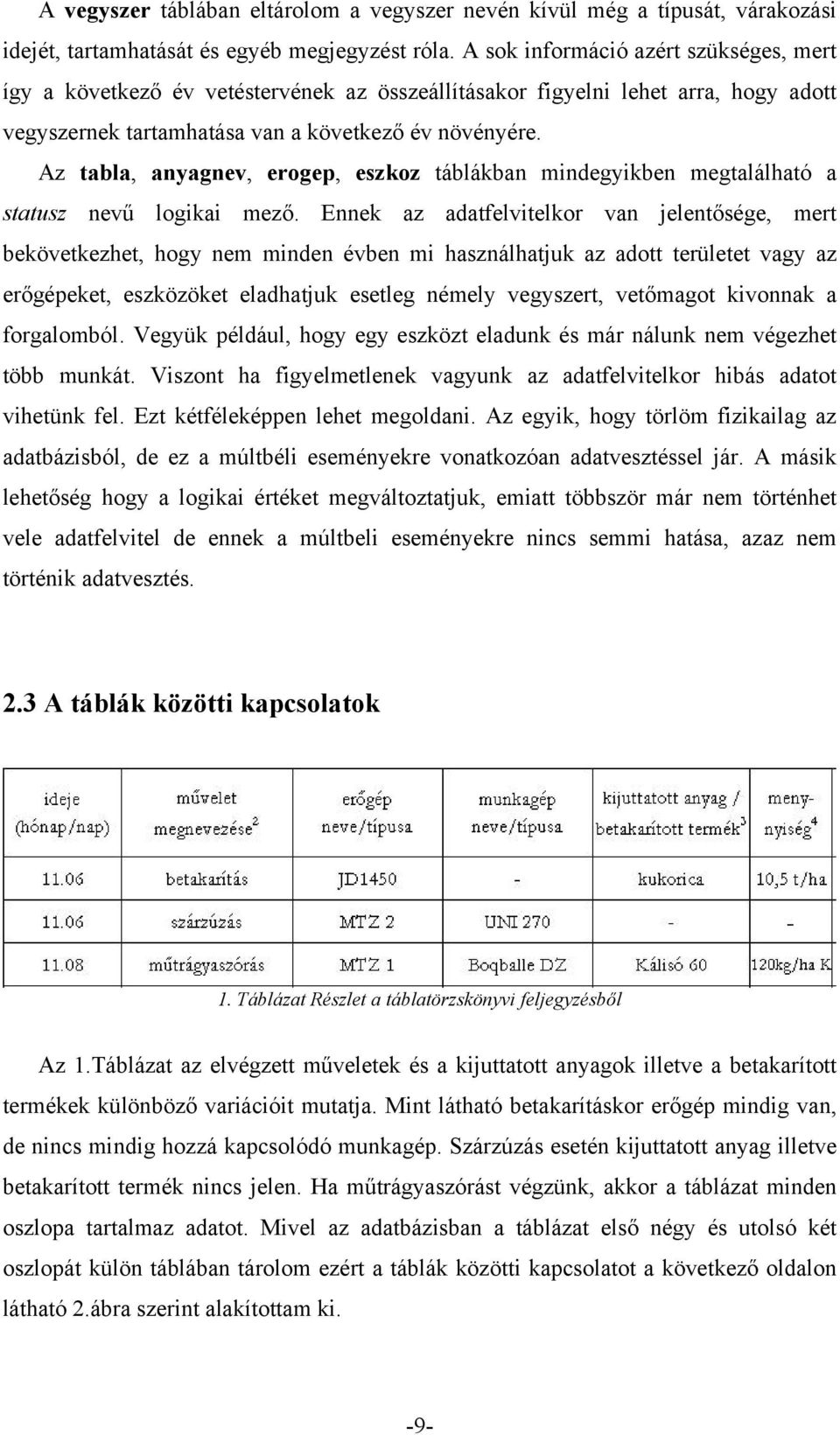 Az tabla, anyagnev, erogep, eszkoz táblákban mindegyikben megtalálható a statusz nevű logikai mező.