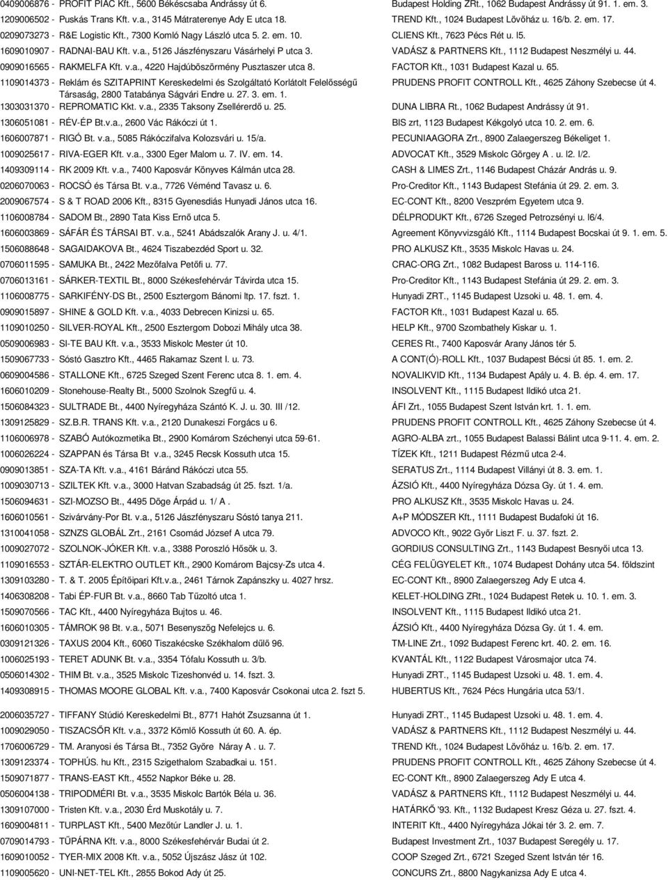 VADÁSZ & PARTNERS Kft., 1112 Budapest Neszmélyi u. 44. 0909016565 - RAKMELFA Kft. v.a., 4220 Hajdúböszörmény Pusztaszer utca 8. FACTOR Kft., 1031 Budapest Kazal u. 65.