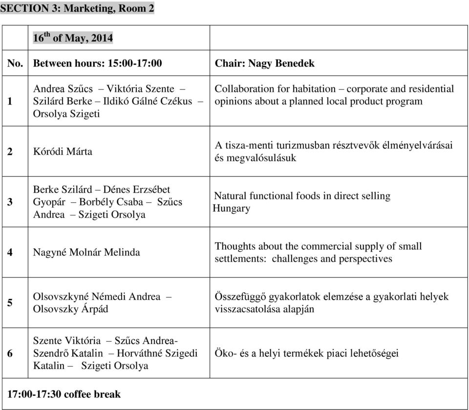 Natural functional foods in direct selling in Hungary 4 Nagyné Molnár Melinda Thoughts about the commercial supply of small settlements: challenges and perspectives 5 Olsovszkyné Némedi Andrea