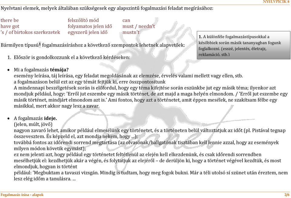 A különféle fogalmazástípusokkal a későbbiek során másik tananyagban fogunk foglalkozni. (esszé, jelentés, életrajz, reklamáció, stb.) Mi a fogalmazás témája?