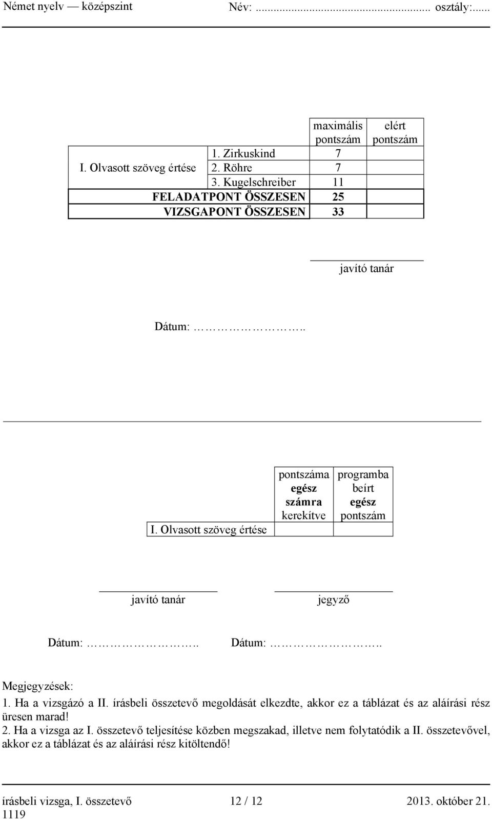 Olvasott szöveg értése pontszáma egész számra kerekítve programba beírt egész pontszám javító tanár jegyző Dátum:.. Dátum:.. Megjegyzések: 1. Ha a vizsgázó a II.