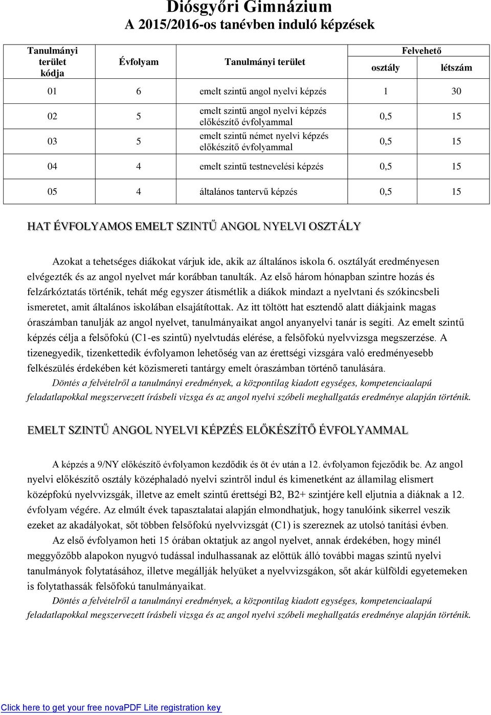 15 HAT ÉVFOLYAMOS EMELT SZINTŰ ANGOL NYELVI OSZTÁLY Azokat a tehetséges diákokat várjuk ide, akik az általános iskola 6. osztályát eredményesen elvégezték és az angol nyelvet már korábban tanulták.