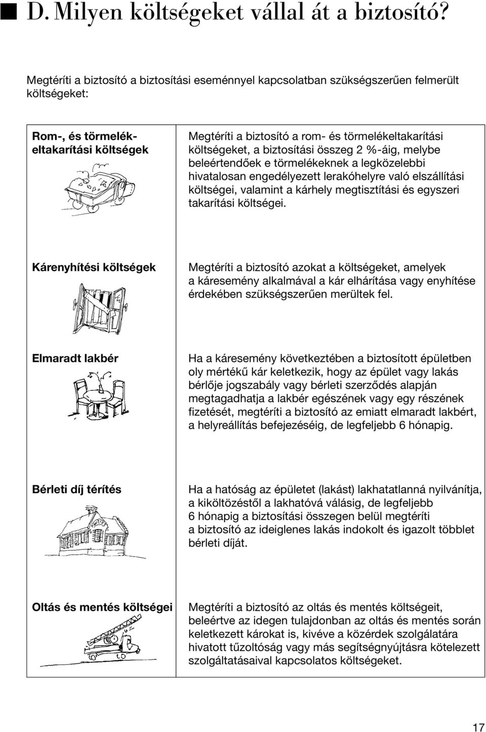 költségeket, a biztosítási összeg 2 %-áig, melybe beleértendõek e törmelékeknek a legközelebbi hivatalosan engedélyezett lerakóhelyre való elszállítási költségei, valamint a kárhely megtisztítási és