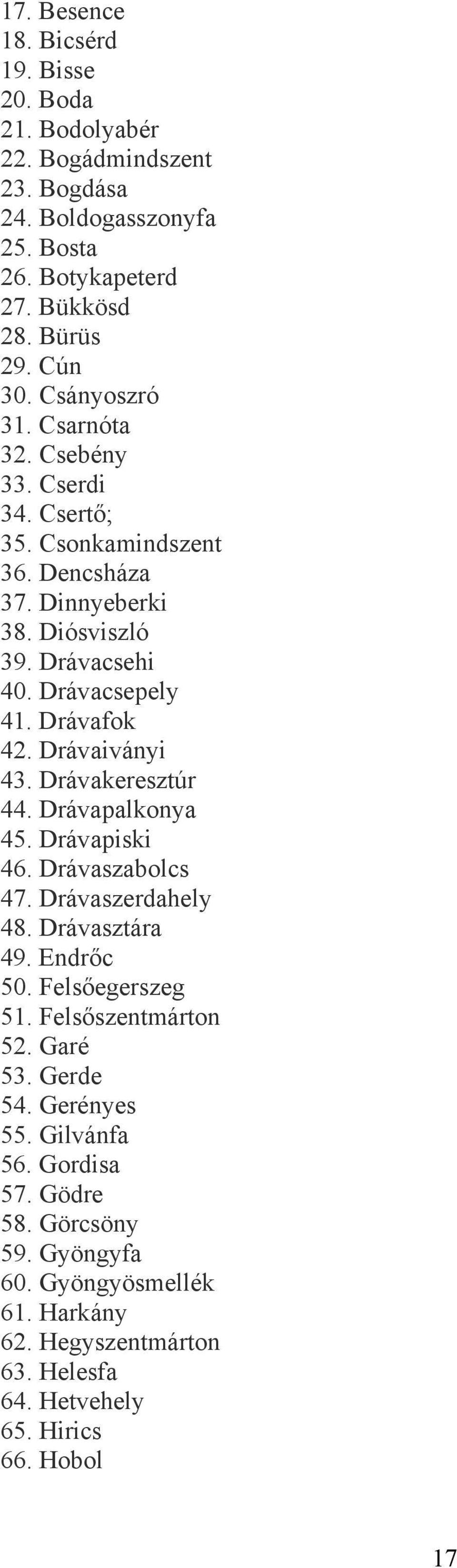 Drávaiványi 43. Drávakeresztúr 44. Drávapalkonya 45. Drávapiski 46. Drávaszabolcs 47. Drávaszerdahely 48. Drávasztára 49. Endrőc 50. Felsőegerszeg 51. Felsőszentmárton 52.