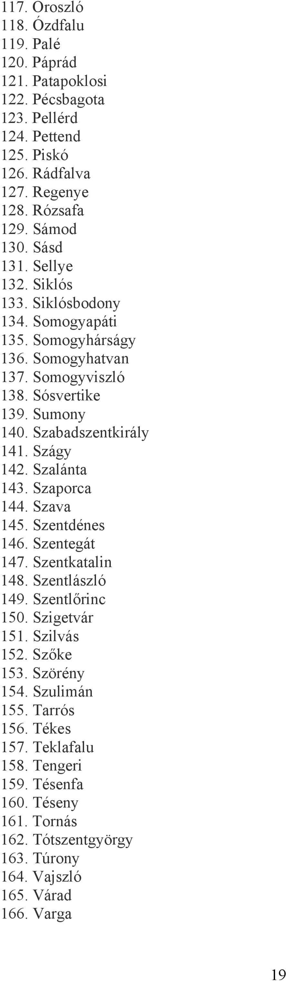 Szágy 142. Szalánta 143. Szaporca 144. Szava 145. Szentdénes 146. Szentegát 147. Szentkatalin 148. Szentlászló 149. Szentlőrinc 150. Szigetvár 151. Szilvás 152. Szőke 153.