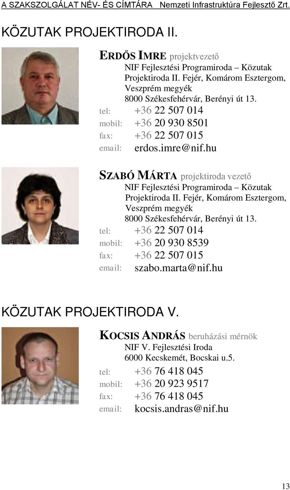 hu SZABÓ MÁRTA projektiroda vezető NIF Fejlesztési Programiroda Közutak Projektiroda II. Fejér, Komárom Esztergom, Veszprém megyék 8000 Székesfehérvár, Berényi út 13.