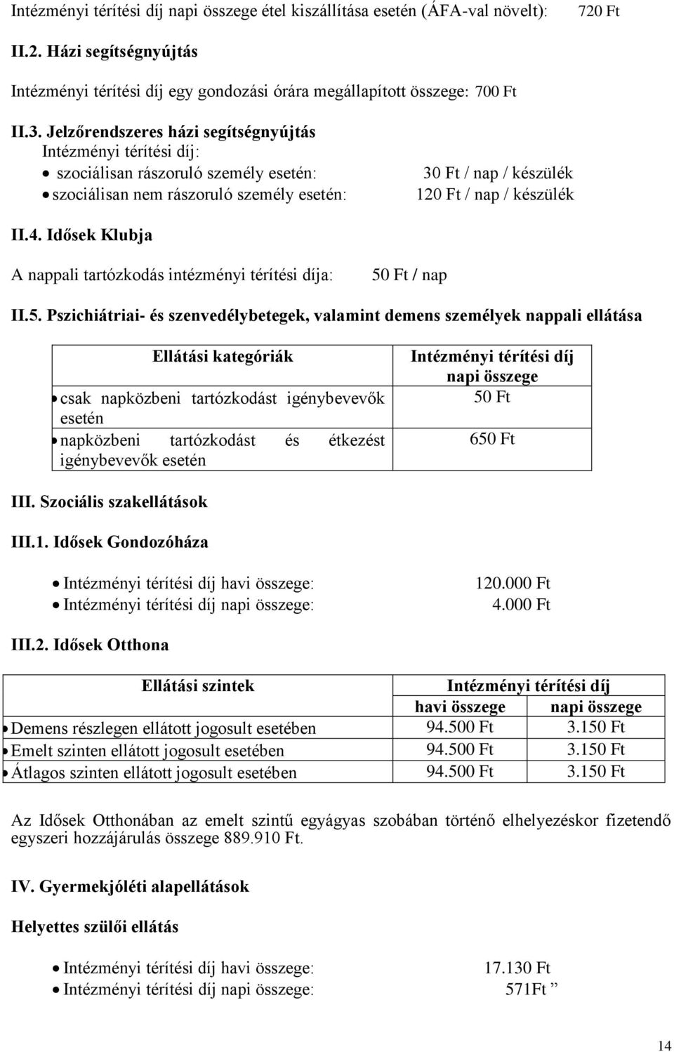 Idősek Klubja A nappali tartózkodás intézményi térítési díja: 50