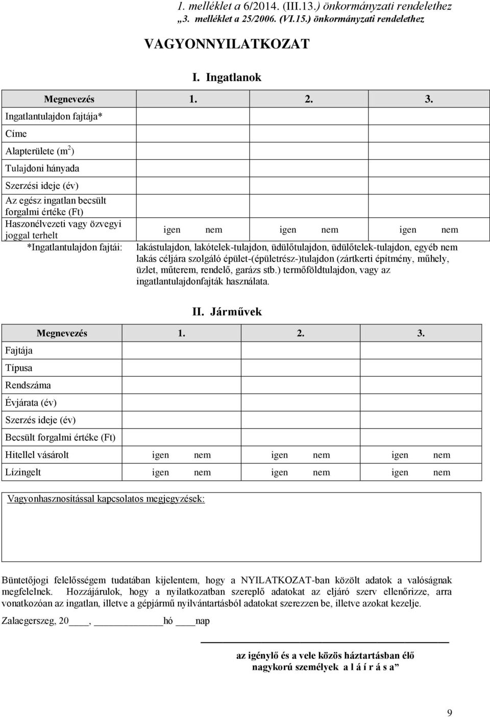 Ingatlantulajdon fajtája* Címe Alapterülete (m 2 ) Tulajdoni hányada Szerzési ideje (év) Az egész ingatlan becsült forgalmi értéke (Ft) Haszonélvezeti vagy özvegyi joggal terhelt *Ingatlantulajdon