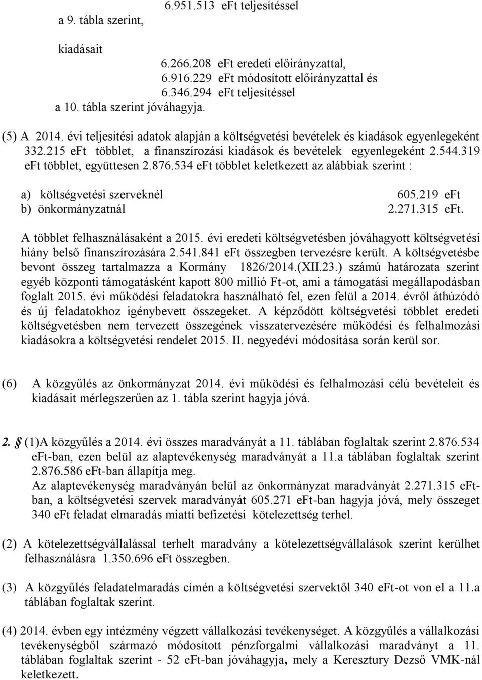 319 eft többlet, együttesen 2.876.534 eft többlet keletkezett az alábbiak szerint : a) költségvetési szerveknél 605.219 eft b) önkormányzatnál 2.271.315 eft. A többlet felhasználásaként a 2015.