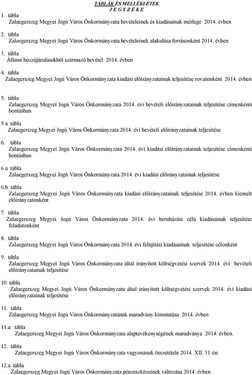 tábla Zalaegerszeg Megyei Jogú Város Önkormányzata kiadási előirányzatainak teljesítése rovatonként 2014. évben 5. tábla Zalaegerszeg Megyei Jogú Város Önkormányzata 2014.