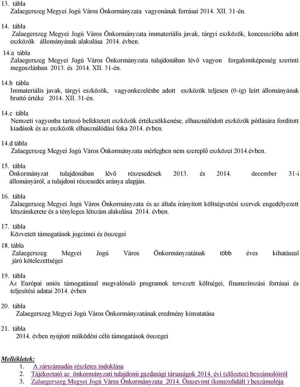 a tábla Zalaegerszeg Megyei Jogú Város Önkormányzata tulajdonában lévő vagyon forgalomképesség szerinti megoszlásban 2013. és 2014. XII. 31-én. 14.