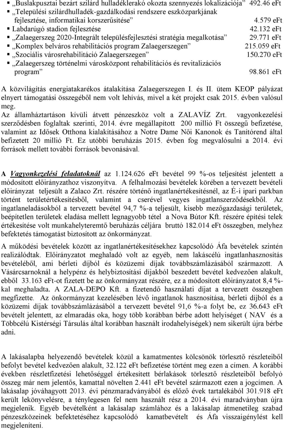 059 eft Szociális városrehabilitáció Zalaegerszegen 150.270 eft Zalaegerszeg történelmi városközpont rehabilitációs és revitalizációs program 98.