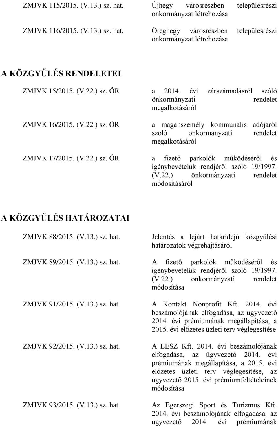 (V.22.) sz. ÖR. a fizető parkolók működéséről és igénybevételük rendjéről szóló 19/1997. (V.22.) önkormányzati rendelet módosításáról A KÖZGYŰLÉS HATÁROZATAI ZMJVK 88/2015. (V.13.) sz. hat.