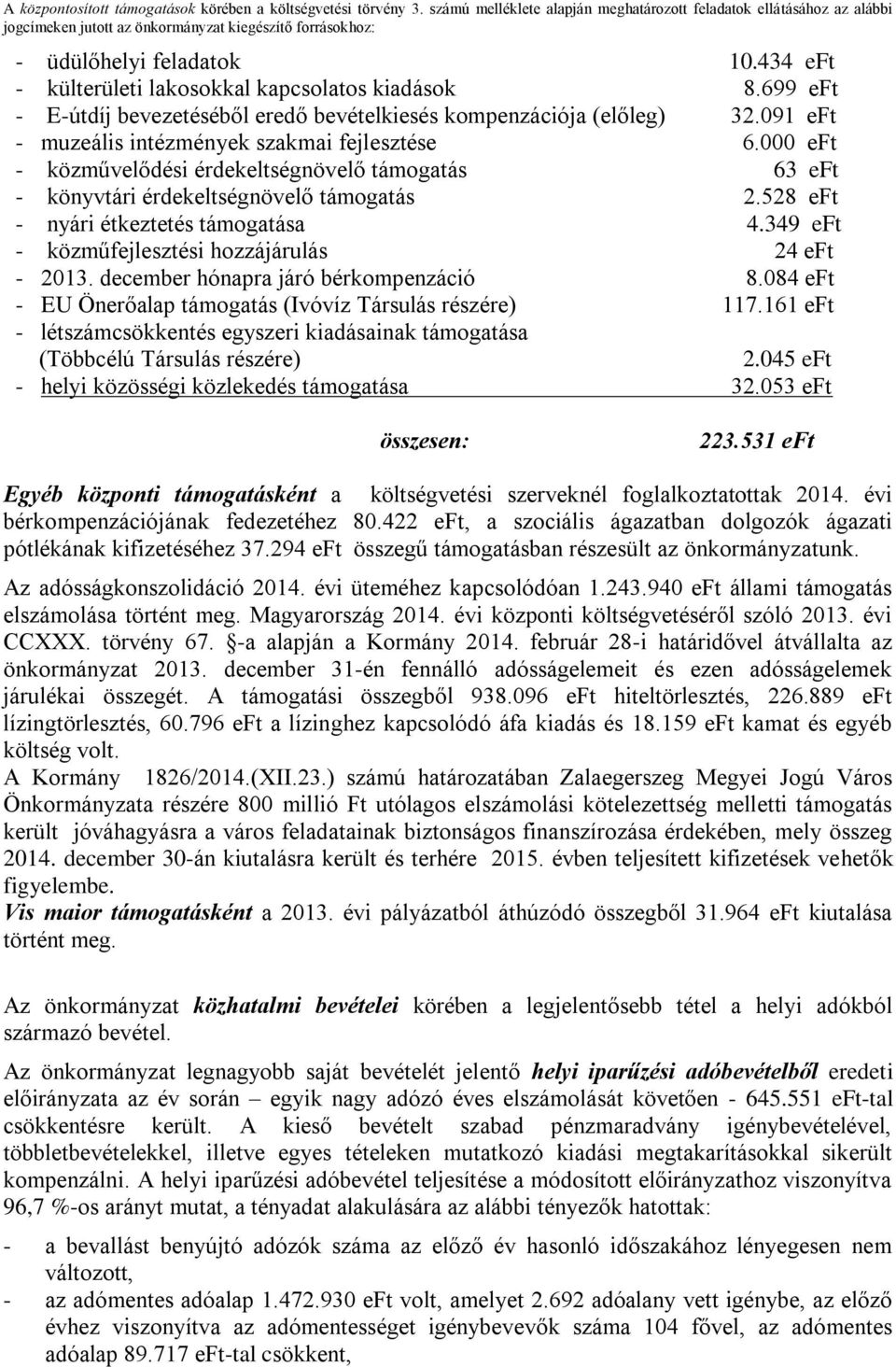 434 eft - külterületi lakosokkal kapcsolatos kiadások 8.699 eft - E-útdíj bevezetéséből eredő bevételkiesés kompenzációja (előleg) 32.091 eft - muzeális intézmények szakmai fejlesztése 6.