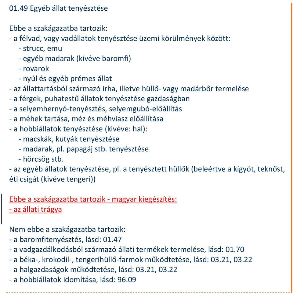 hobbiállatok tenyésztése (kivéve: hal): macskák, kutyák tenyésztése madarak, pl. papagáj stb. tenyésztése hörcsög stb. az egyéb állatok tenyésztése, pl.