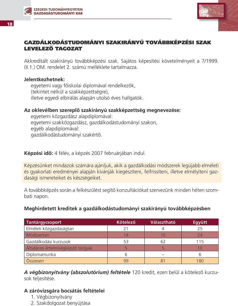 Az oklevélben szereplô szakirányú szakképzettség megnevezése: egyetemi közgazdász alapdiplomával: egyetemi szakközgazdász, gazdálkodástudományi szakon, egyéb alapdiplomával: gazdálkodástudományi