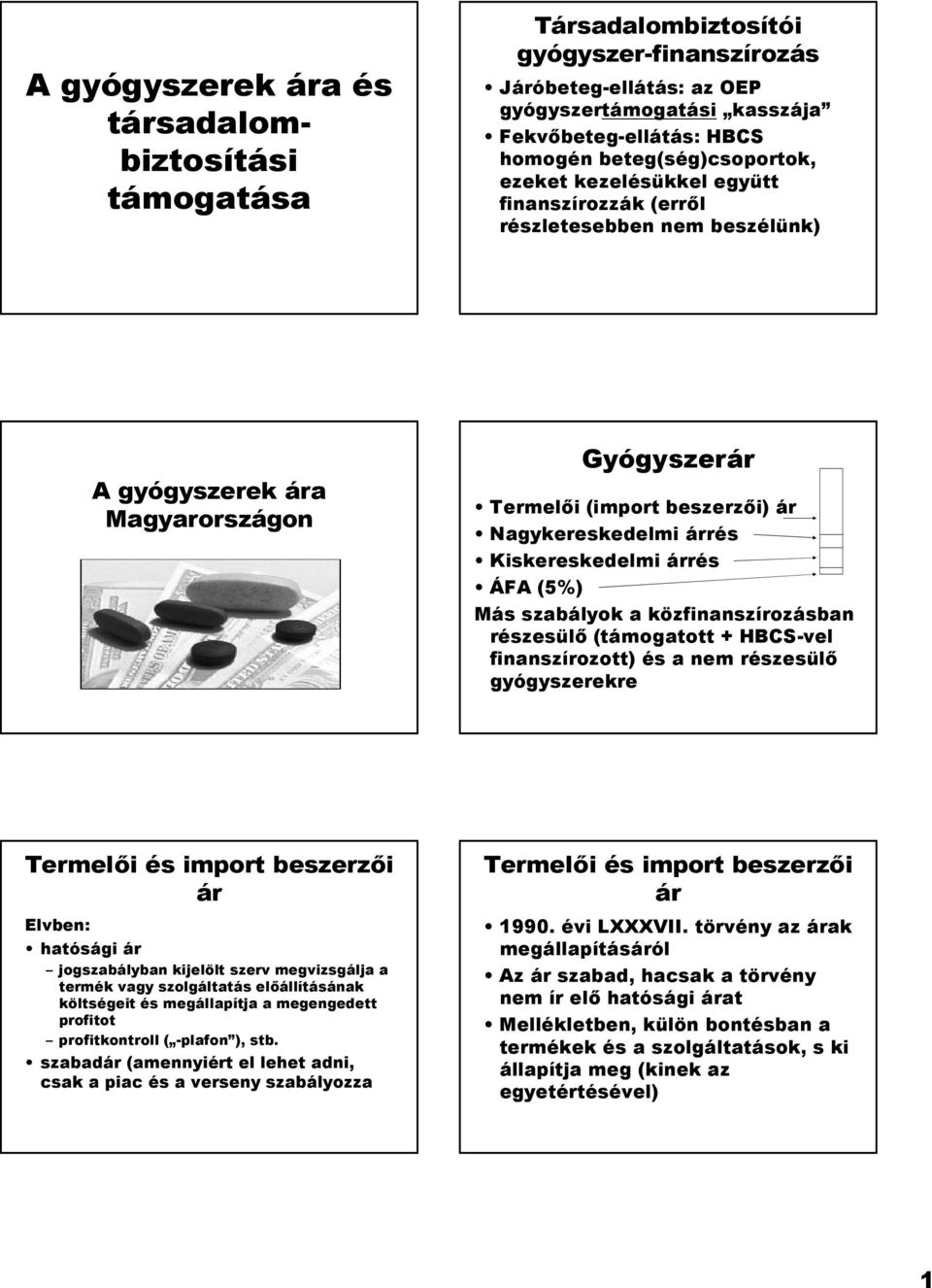 Kiskereskedelmi árrés ÁFA (5%) Más szabályok a közfinanszírozásban részesül& (támogatott + HBCS-vel finanszírozott) és a nem részesül& gyógyszerekre Termel&i és import beszerz&i ár Elvben: hatósági