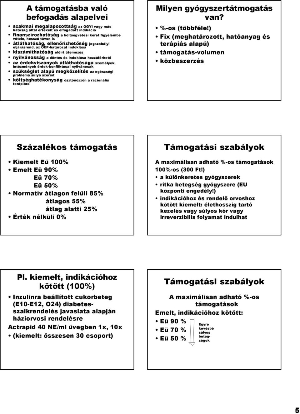 személyek, intézmények érdek-konfliktusai nyilvánosak szükséglet alapú megközelítés az egészségi probléma súlya szerint költséghatékonyság ösztönözzön a racionális terápiára Milyen