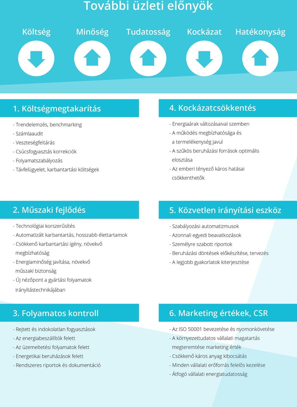 Kockázatcsökkentés - Energiaárak változásaival szemben - A működés megbízhatósága és a termelékenység javul - A szűkös beruházási források optimális elosztása - Az emberi tényező káros hatásai