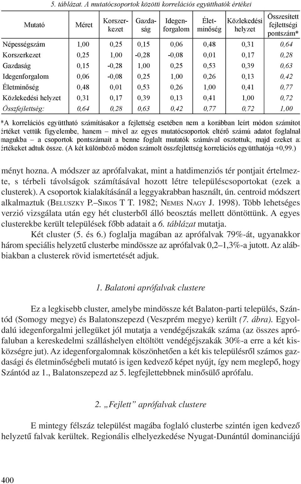 0,48 0,31 0,64 Korszerkezet 0,25 1,00-0,28-0,08 0,01 0,17 0,28 Gazdaság 0,15-0,28 1,00 0,25 0,53 0,39 0,63 Idegenforgalom 0,06-0,08 0,25 1,00 0,26 0,13 0,42 Életminőség 0,48 0,01 0,53 0,26 1,00 0,41