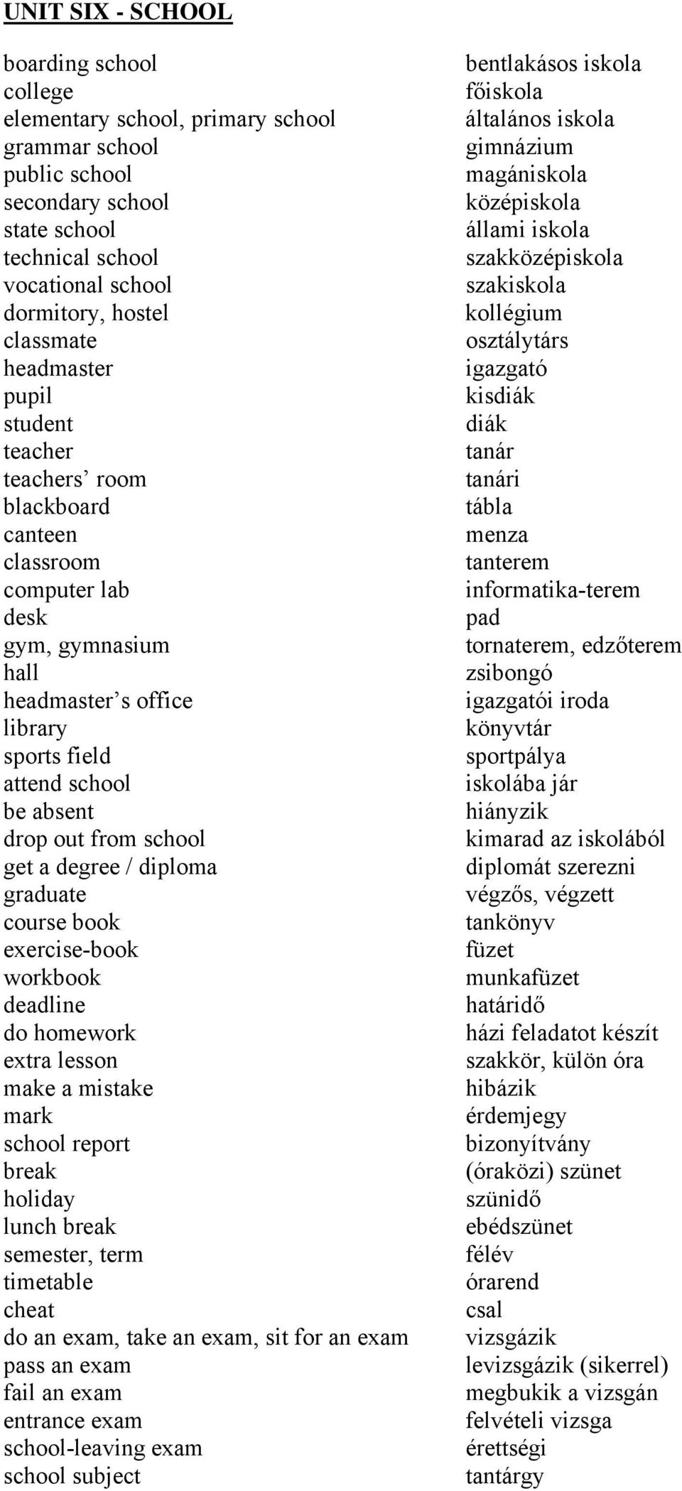 get a degree / diploma graduate course book exercise-book workbook deadline do homework extra lesson make a mistake mark school report break holiday lunch break semester, term timetable cheat do an