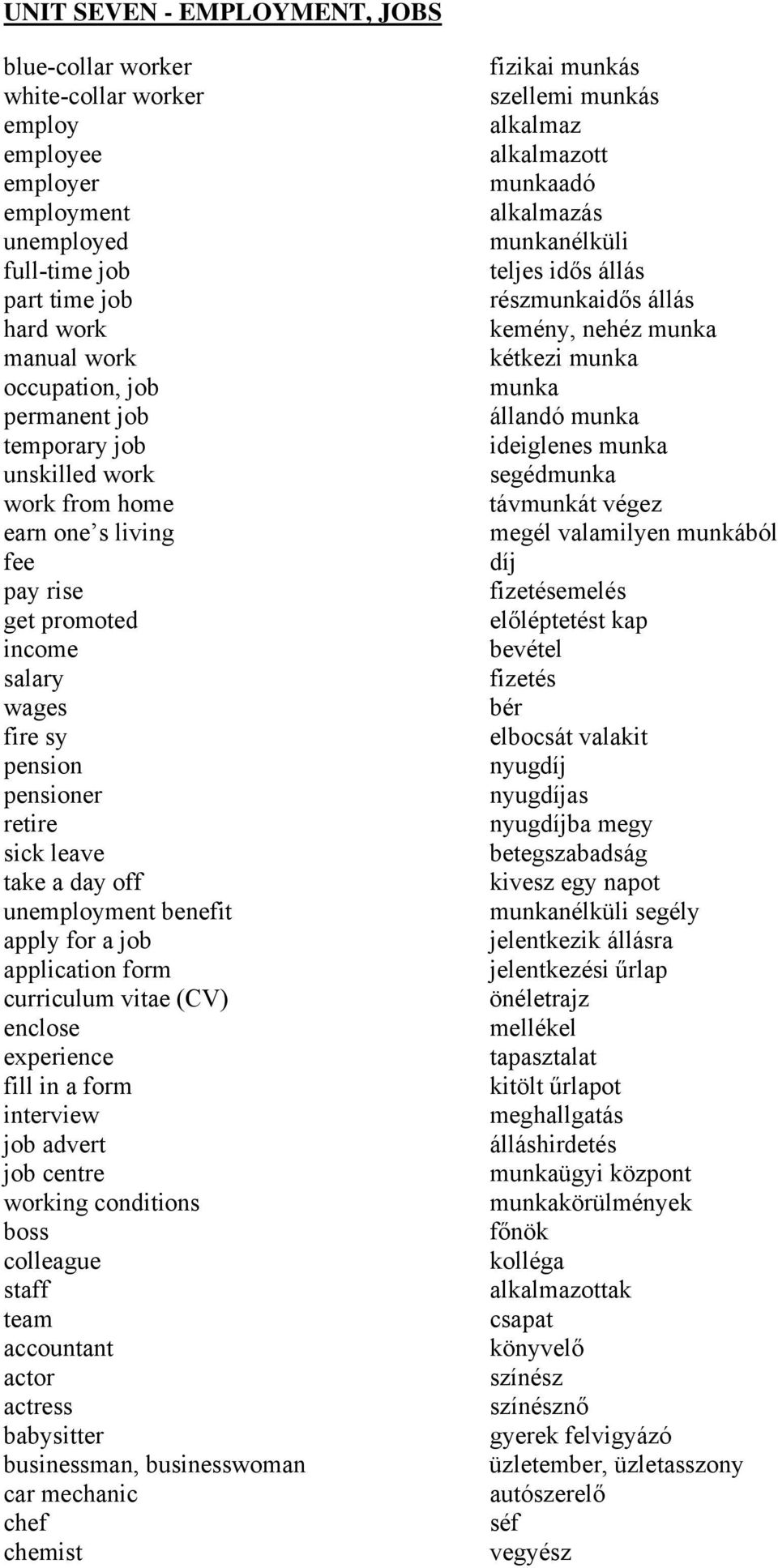 job application form curriculum vitae (CV) enclose experience fill in a form interview job advert job centre working conditions boss colleague staff team accountant actor actress babysitter