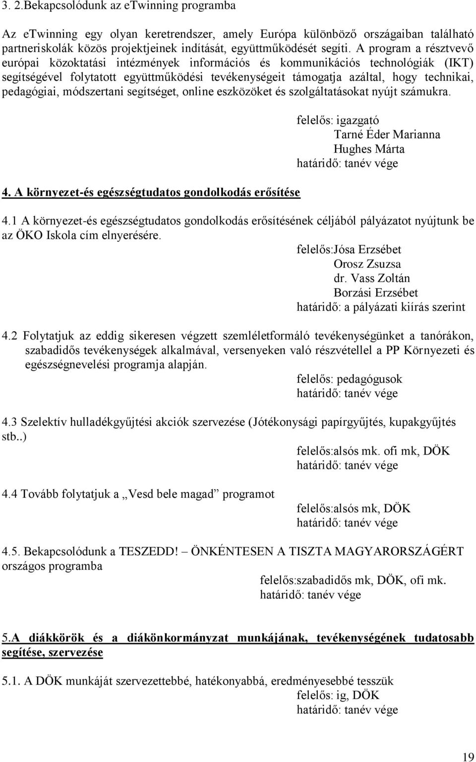 pedagógiai, módszertani segítséget, online eszközöket és szolgáltatásokat nyújt számukra. 4. A környezet-és egészségtudatos gondolkodás erősítése felelős: igazgató Tarné Éder Marianna Hughes Márta 4.