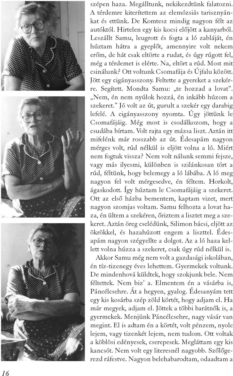 Leszállt Samu, leugrott és fogta a ló zabláját, én húztam hátra a gyeplõt, amennyire volt nekem erõm, de hát csak eltörte a rudat, és úgy rúgott fel, még a térdemet is elérte. Na, eltört a rúd.