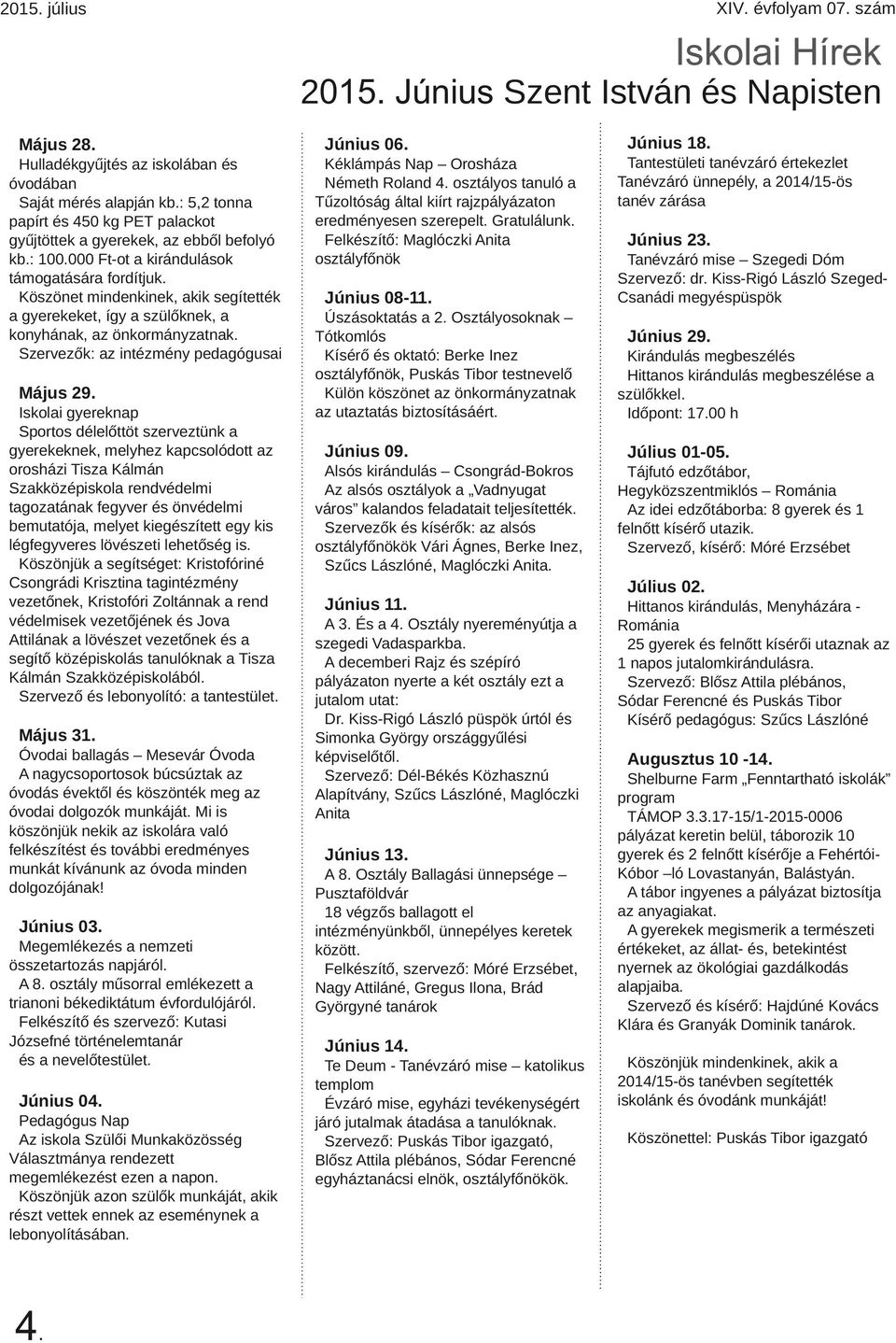 Köszönet mindenkinek, akik segítették a gyerekeket, így a szülőknek, a konyhának, az önkormányzatnak. Szervezők: az intézmény pedagógusai Május 29.